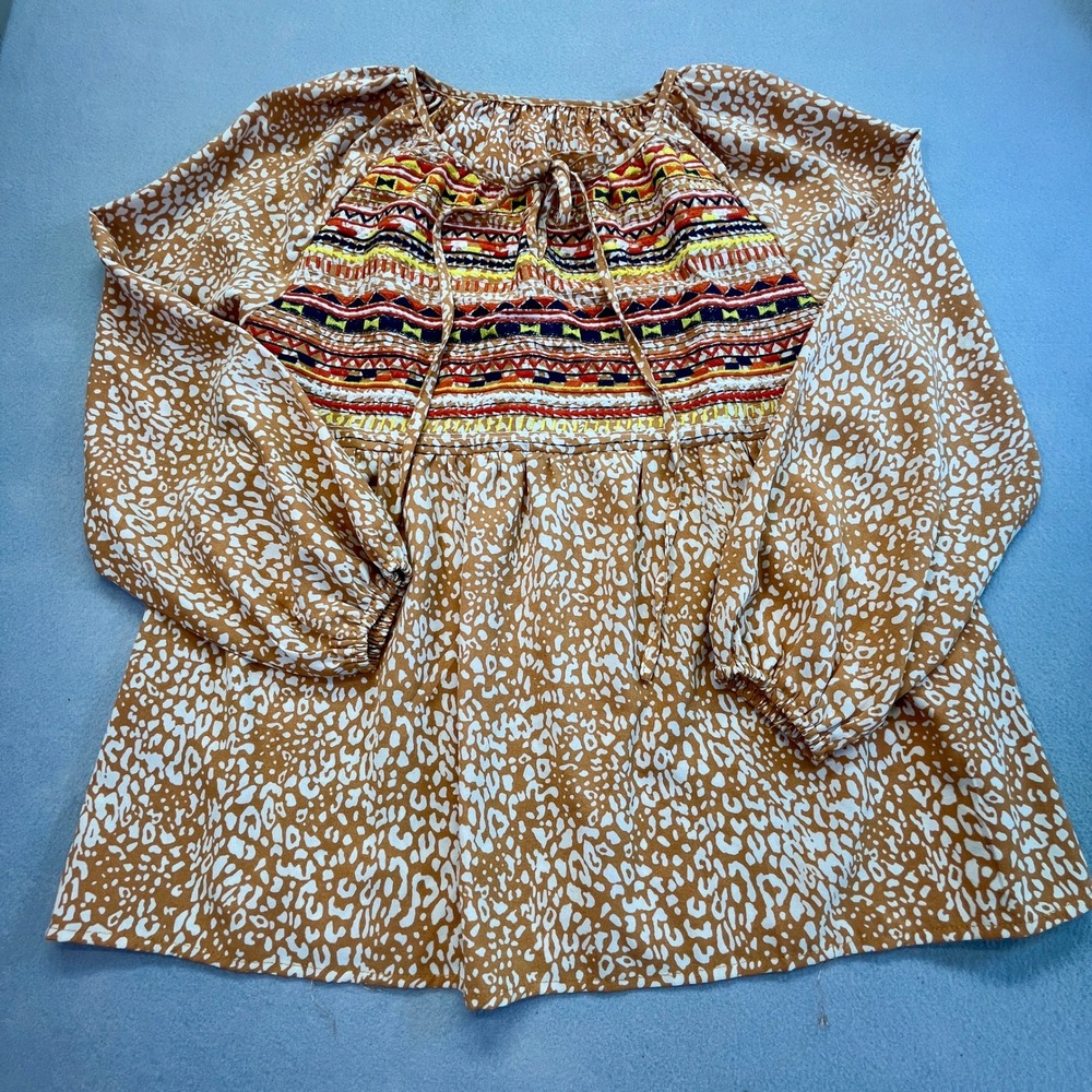 Boho Embroidered Leopard Print Peasant Blouse Orange Tan Western AztecSmall - Picture 8 of 8